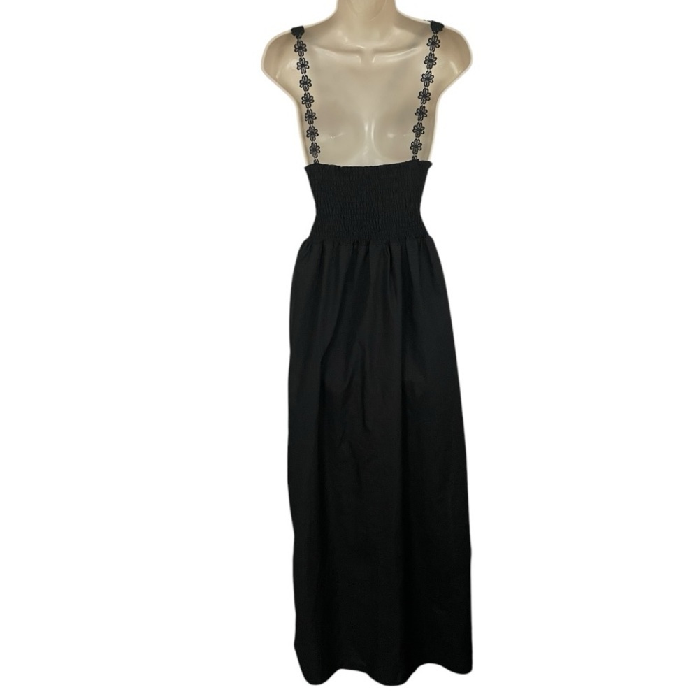 Zoe women’s smocked sun dress floral appliqué maxi black size S 100% cotton slit - Picture 4 of 7